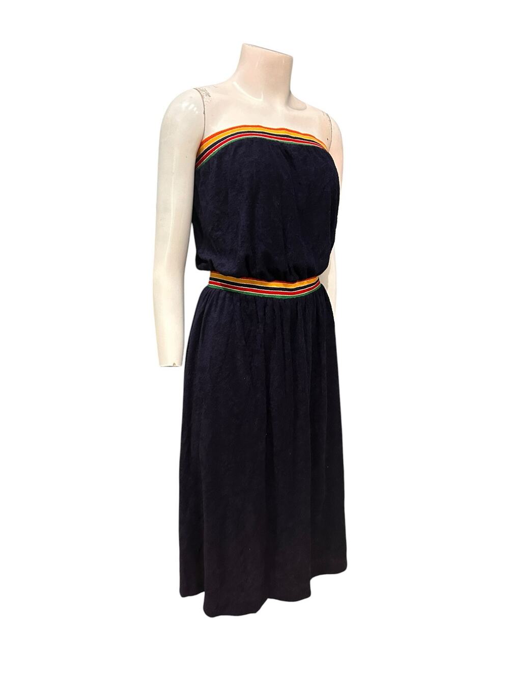 Vintage 70s Terry Cloth Strapless Tube Dress Rainbow Trim Navy Small -